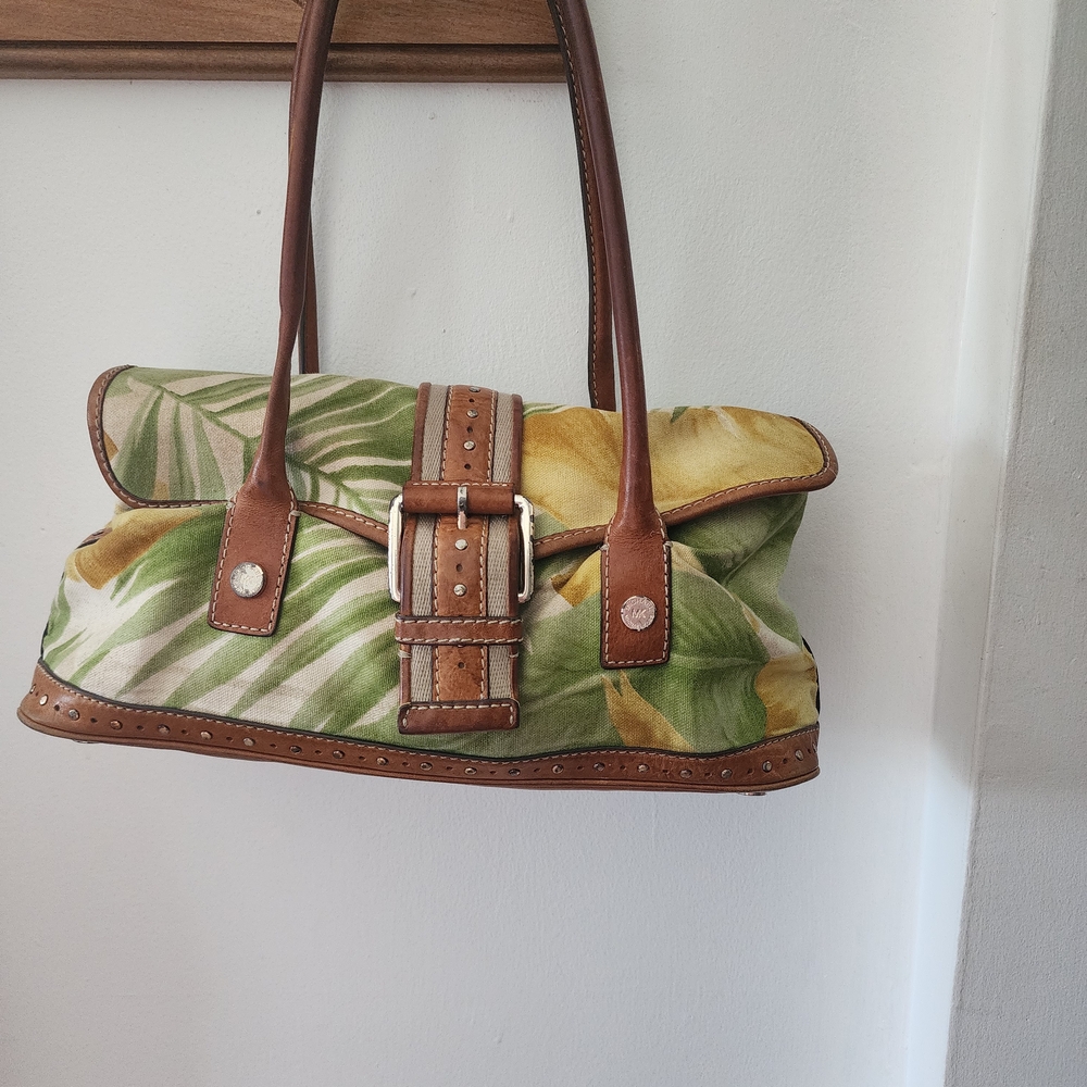 Green and Yellow Striped Shoulder Bag with Leather Accents Micheal Kors